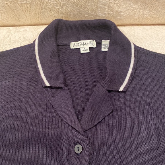 Ann Taylor Black Button Down Cardigan with White Stripes on Collar and Cuffs - Picture 11 of 15